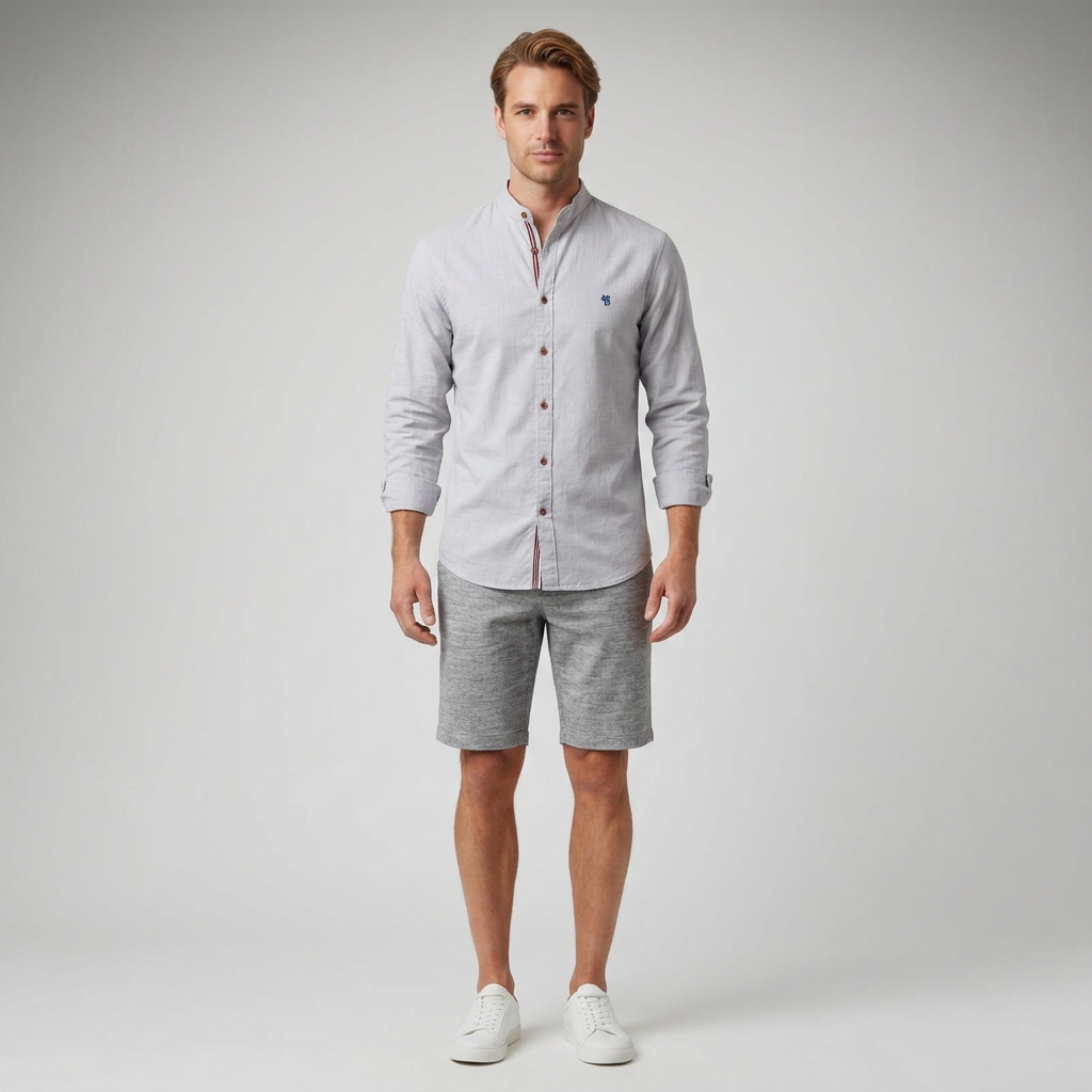 Herrenhemd Grau mit Stehkragen, Frontansicht mit Shorts