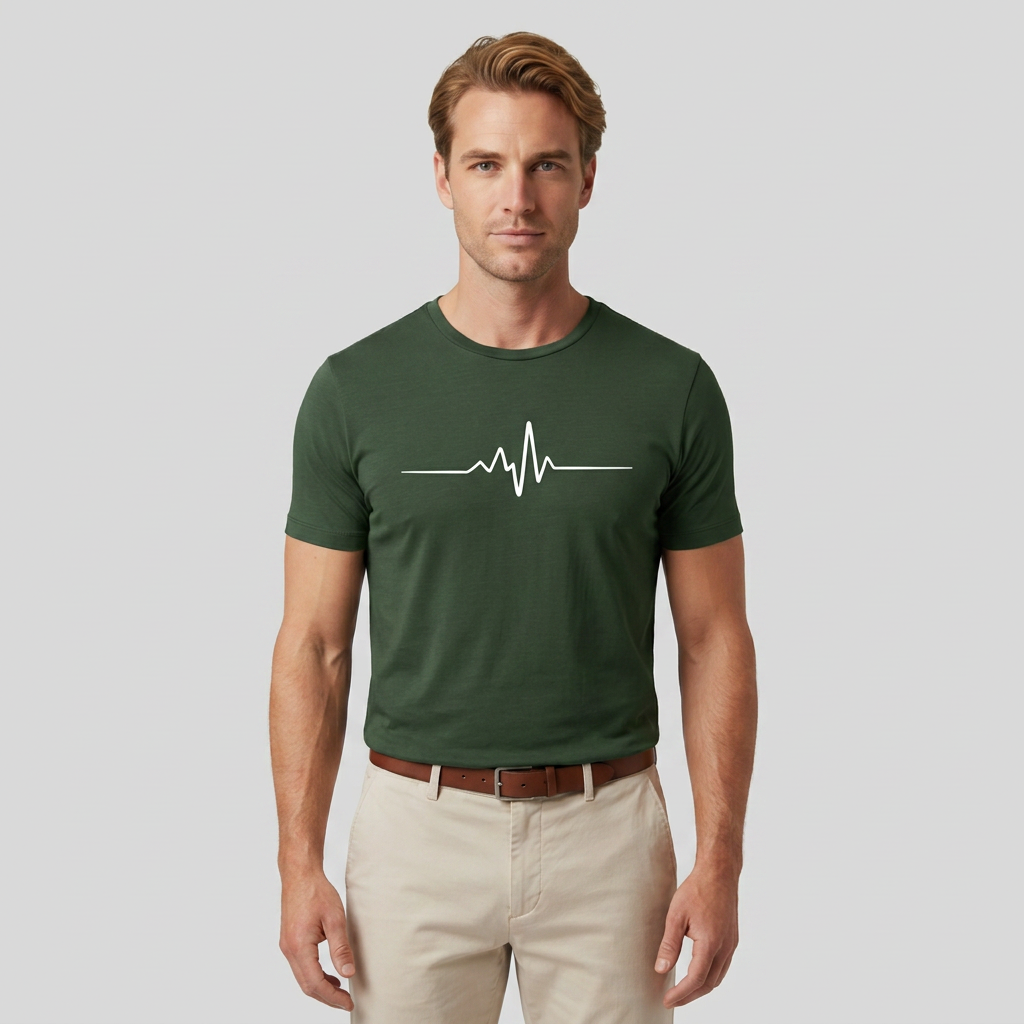 Herren T-Shirt Rundhals mit Herzschlag-Print in Grün, Frontalansicht am Model