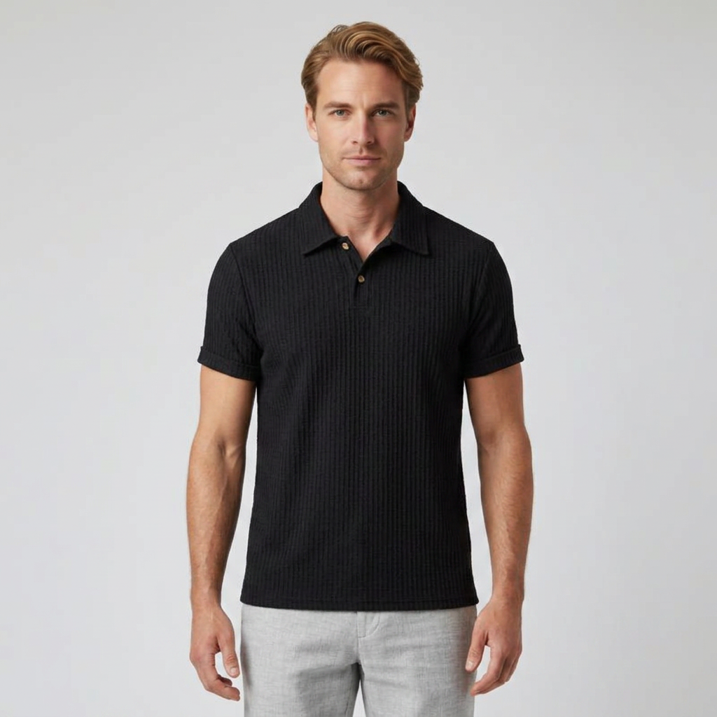 Herren Poloshirt Waffelstrick Schwarz, Vorderansicht am Model