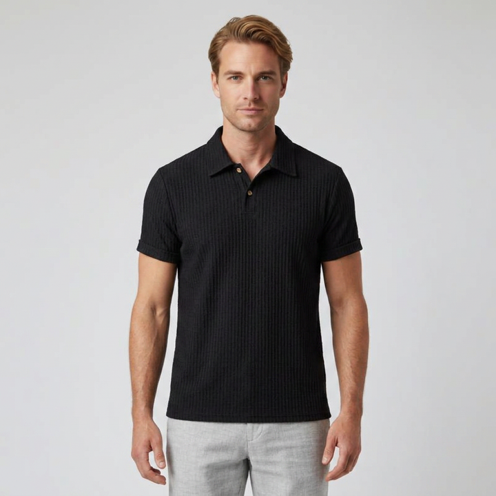 Herren Poloshirt Waffelstrick Schwarz, Vorderansicht am Model