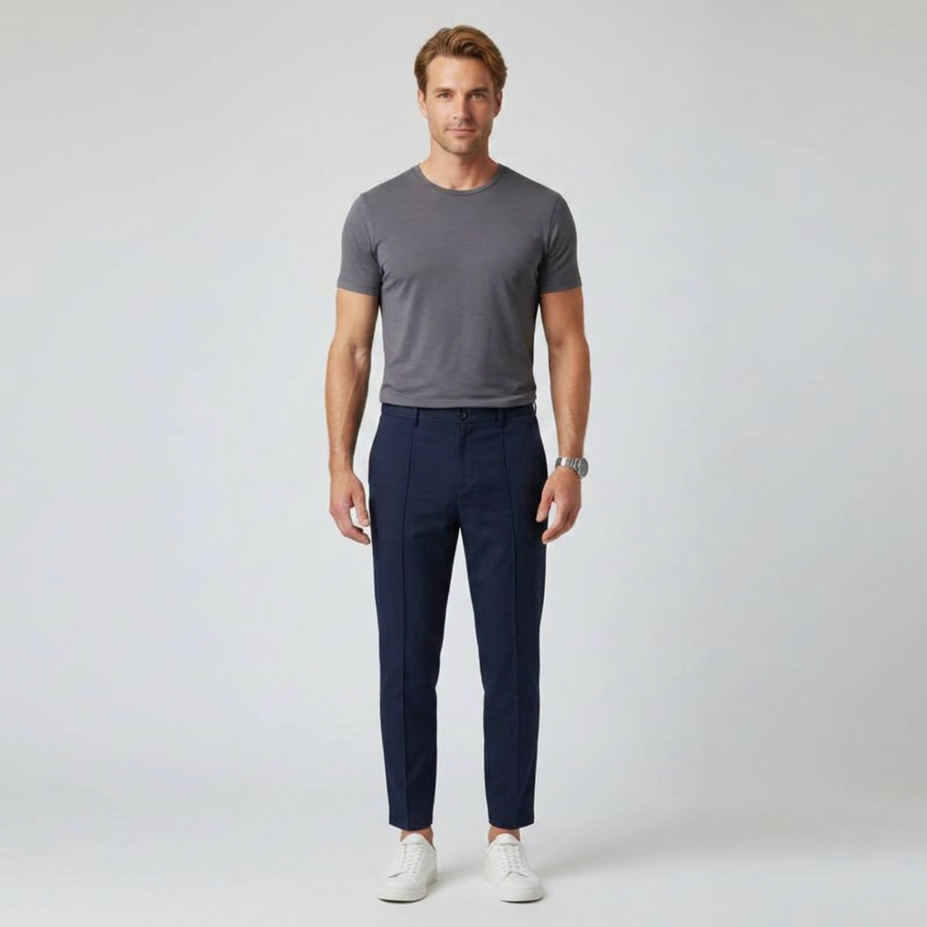 Dunkelblaue Chinohose für Herren mit Bundfalte, Frontalansicht am Model