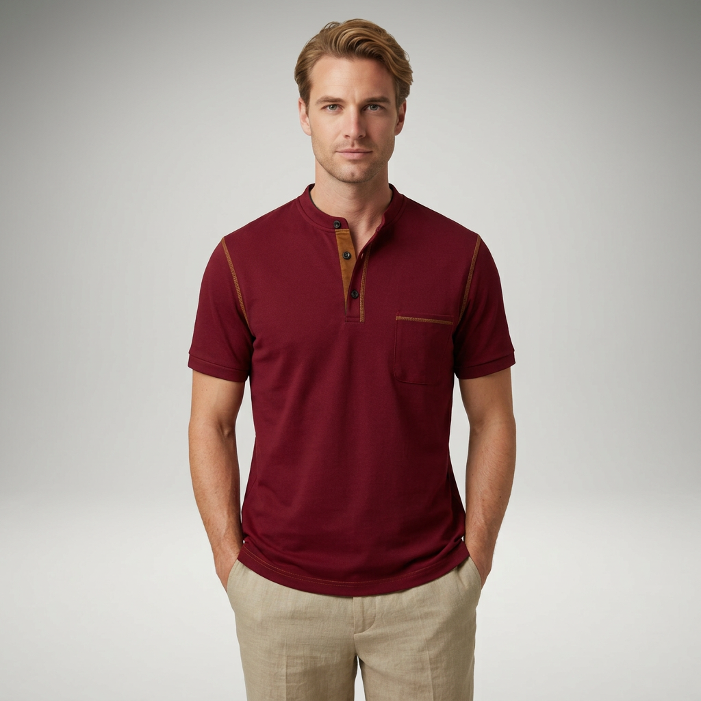 Herren Poloshirt mit Henry-Kragen in Bordeaux, Frontalansicht