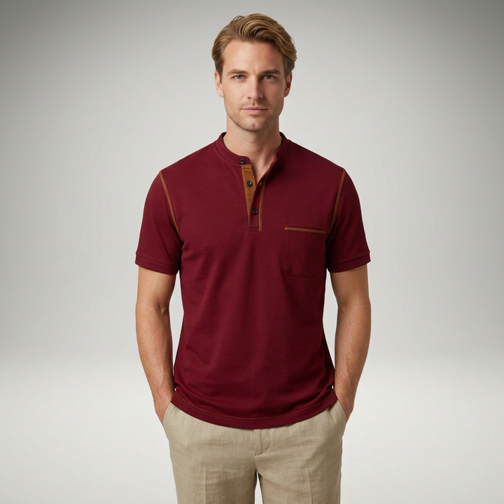 Herren Poloshirt mit Henry-Kragen in Bordeaux, Frontalansicht