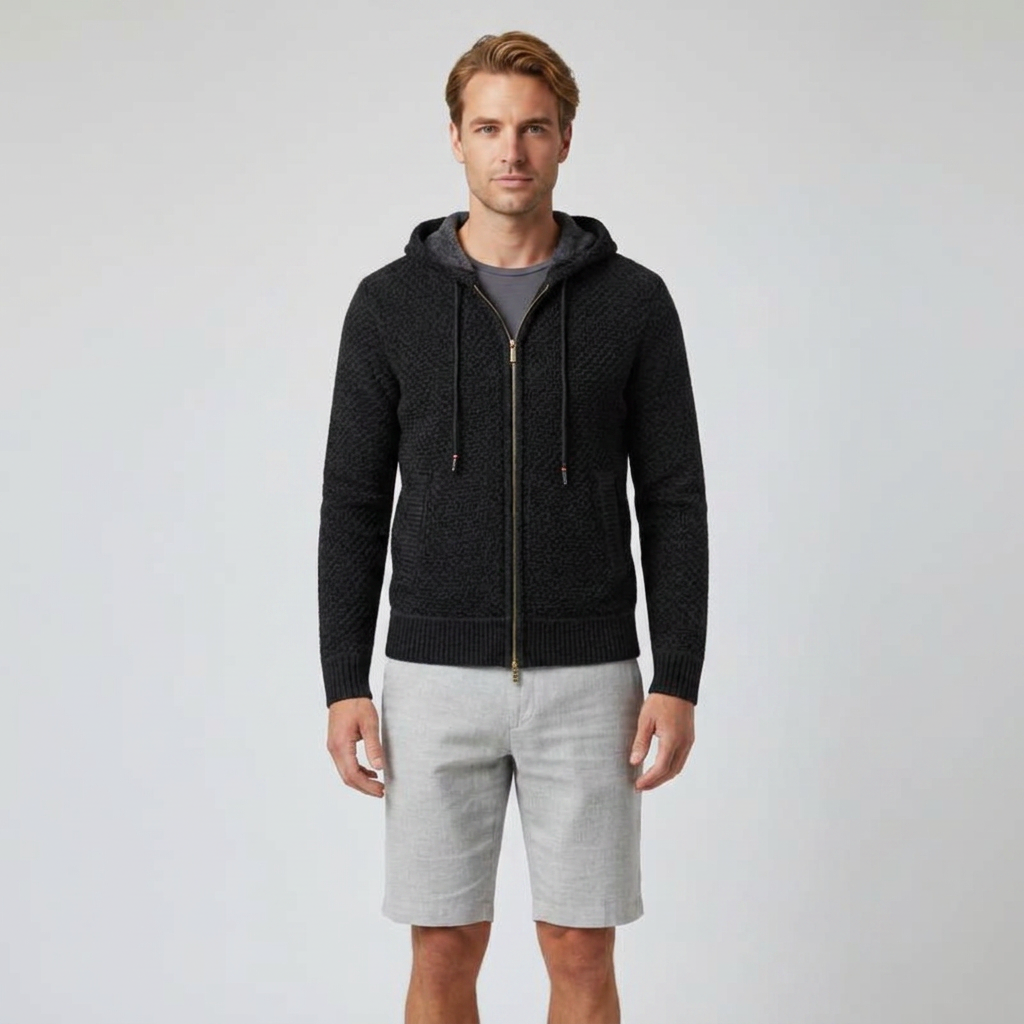 Herren Strickjacke mit Kapuze in Schwarz, Frontalansicht
