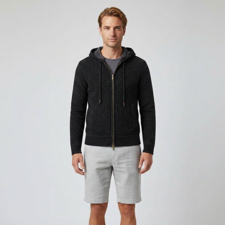 Herren Strickjacke mit Kapuze in Schwarz, Frontalansicht