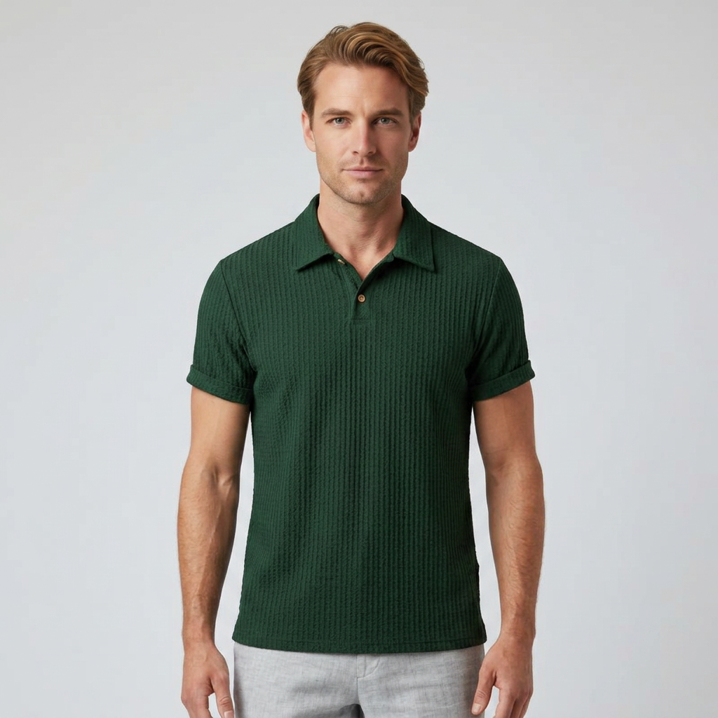 Herren Poloshirt Waffelstrick Dunkelgrün, Vorderansicht am Model