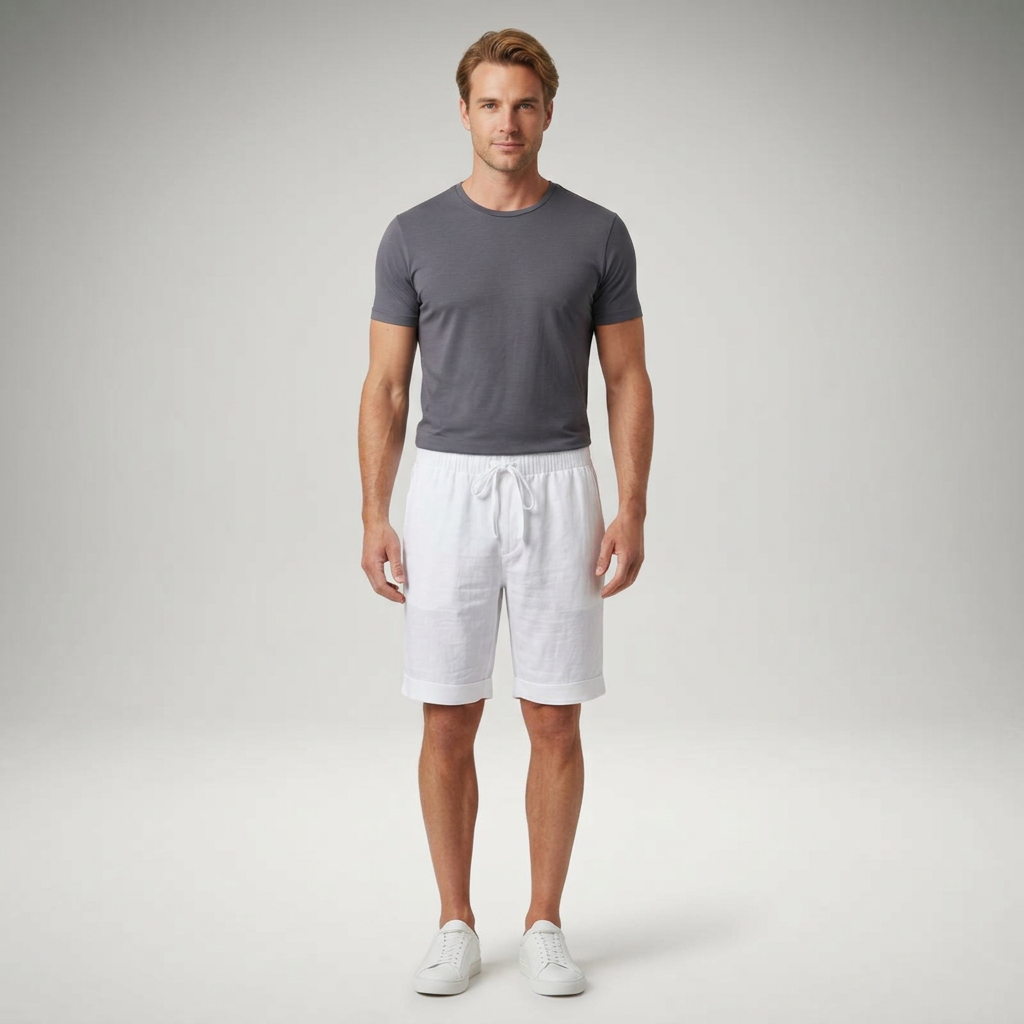 Herren Leinen Shorts Weiß, Komplettlook, Frontansicht