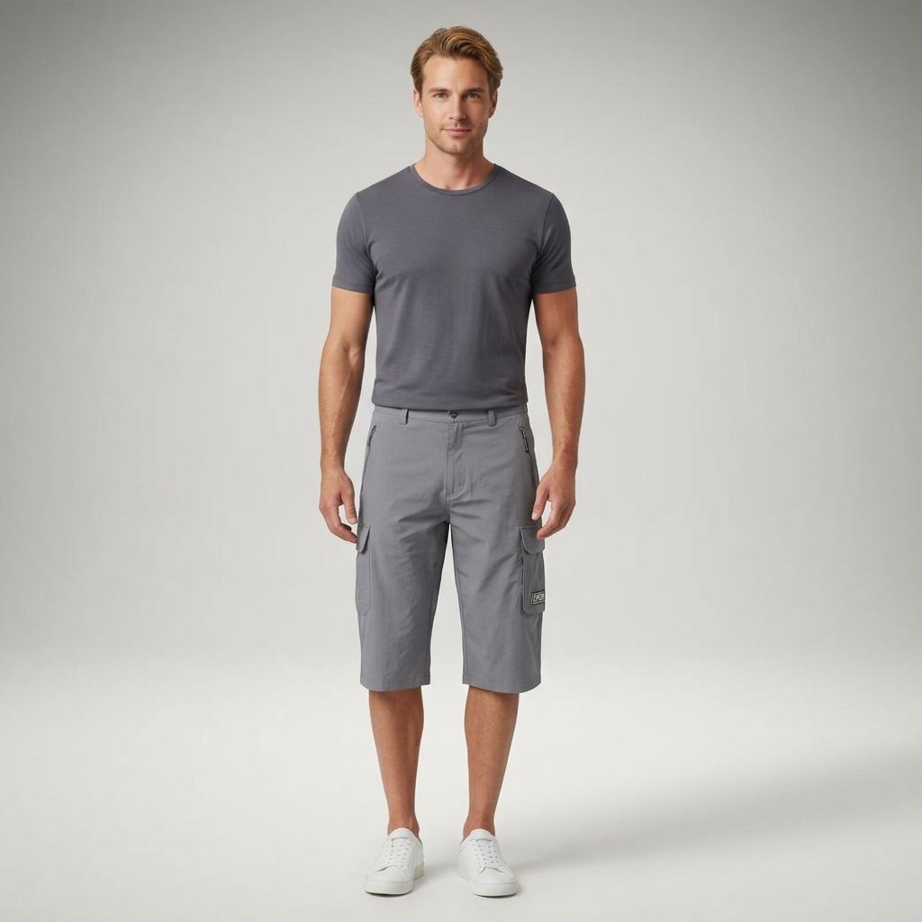Cargo Shorts Herren Grau, Frontalansicht am Model