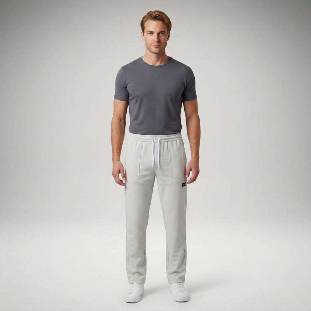 Freizeithose Herren grau mit Kordelzug, Model Frontalansicht