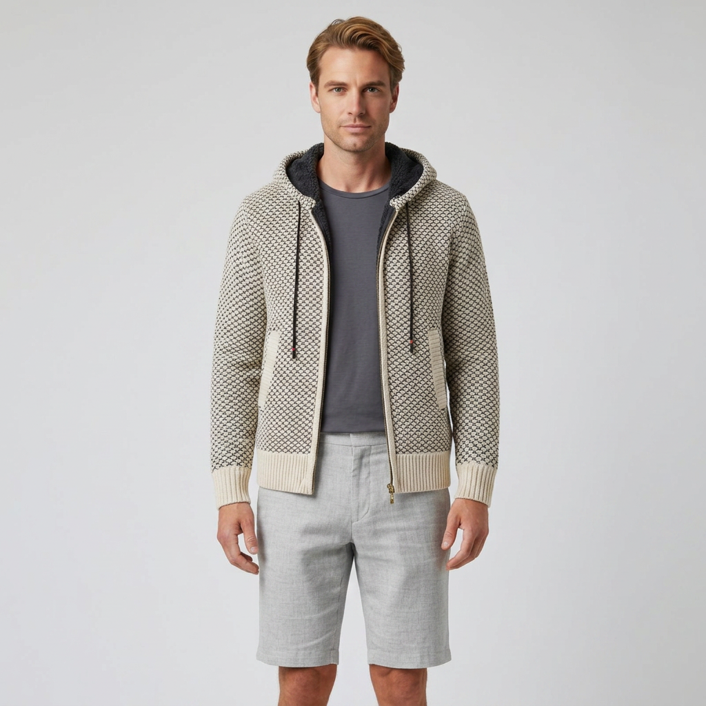 Herren Strickjacke mit Kapuze in Beige, Frontalansicht