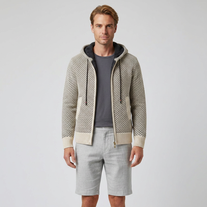 Herren Strickjacke mit Kapuze in Beige, Frontalansicht