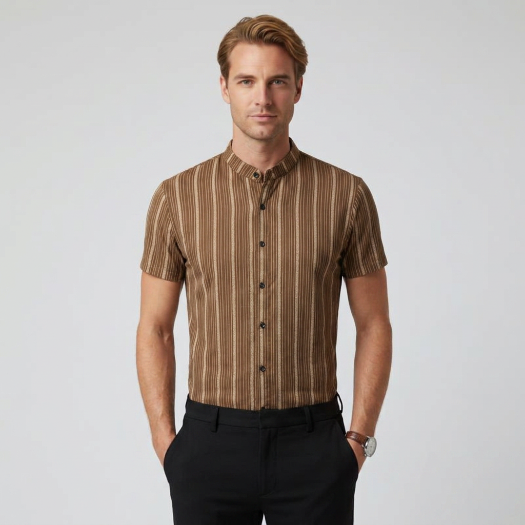 Herren Streifenhemd mit Stehkragen, braun-beige, Frontalansicht
