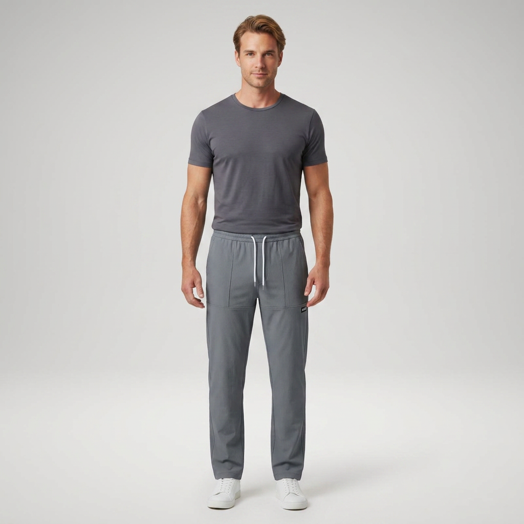 Freizeithose Herren dunkelgrau mit Kordelzug, Model Frontalansicht