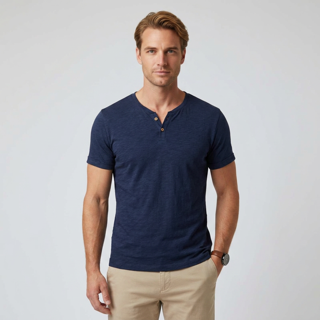 Herren Henley-Shirt in Dunkelblau, Frontalansicht am Model