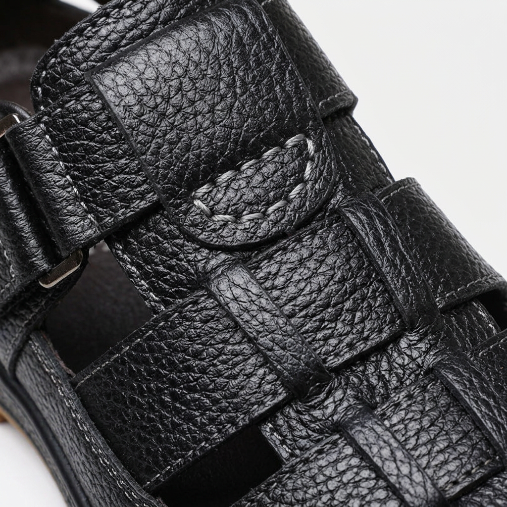 Makroaufnahme genarbtes Leder mit Ziernaht, schwarz