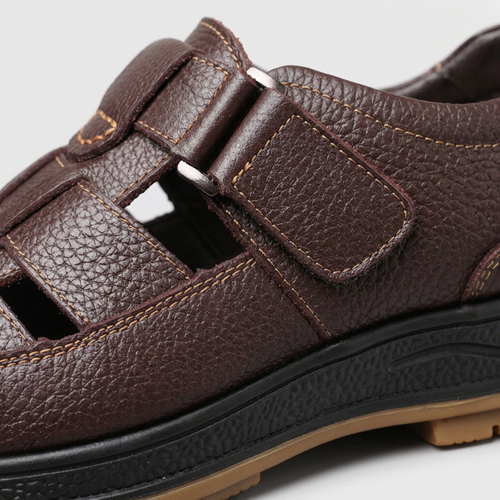 Makroaufnahme genarbtes Leder mit Kontrastnaht, dunkelbraun