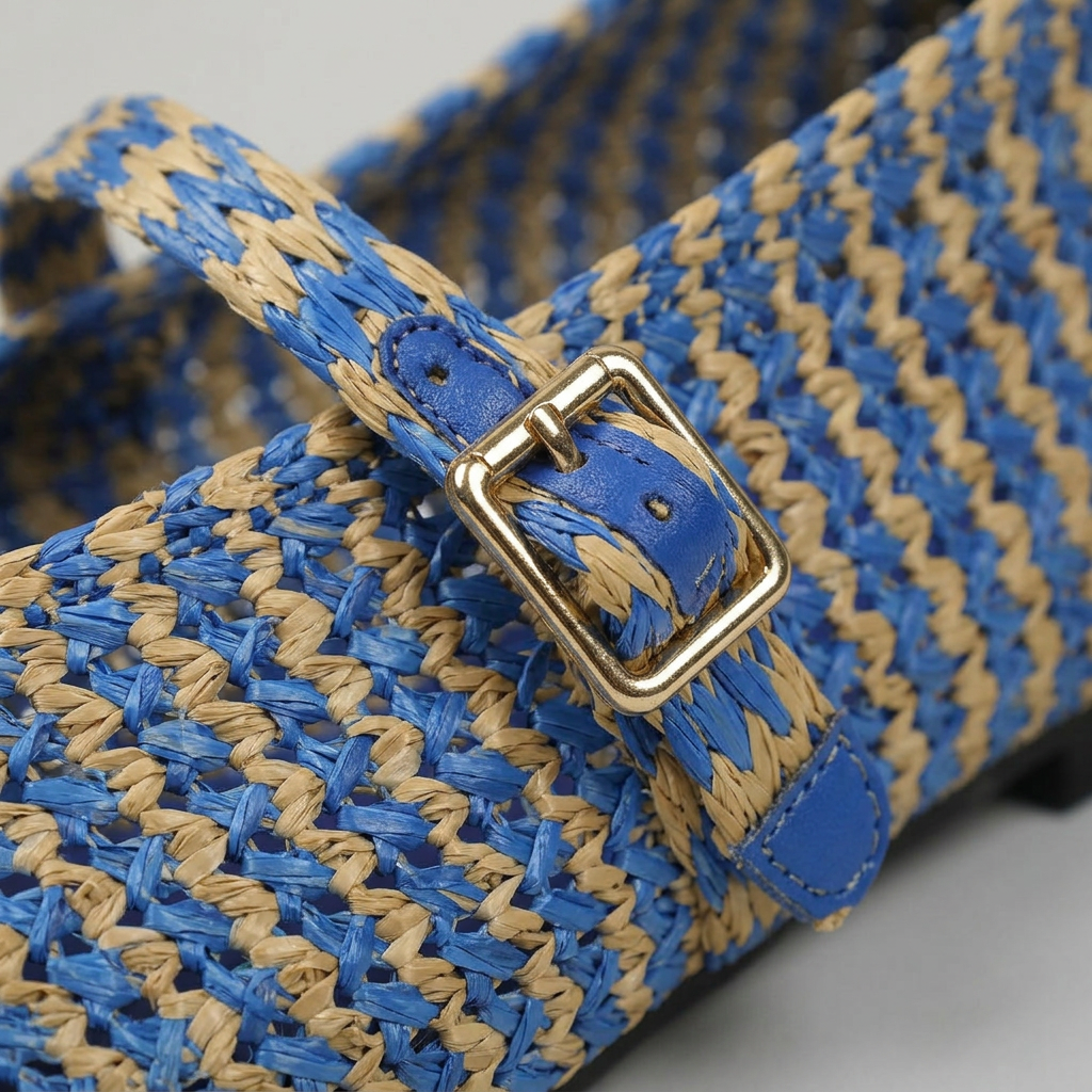 Makroaufnahme der goldenen Schnalle und Flechtstruktur in Blau-Beige