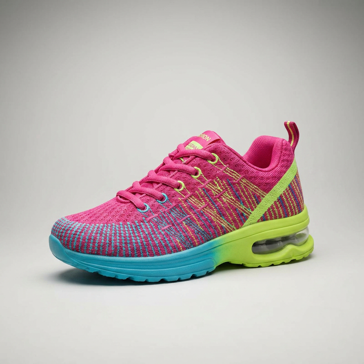 Damen Sneaker Pink-Grün, Dreiviertelansicht mit Air-Cushion-Sohle