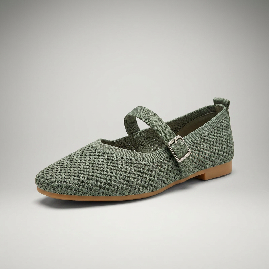 Grüne Mary-Jane-Ballerina aus Strickmesh mit Schnalle, Ansicht schräg von vorne