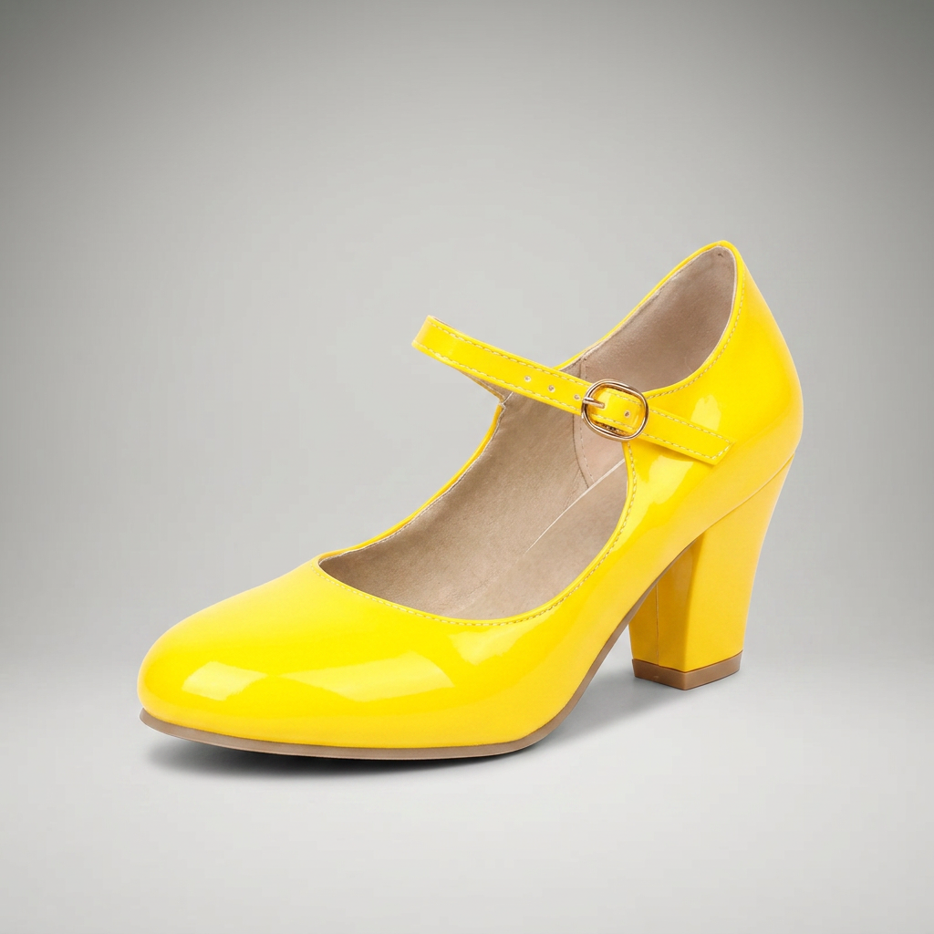 Gelbe Mary Jane Pumps mit Blockabsatz und Schnallenriemen, Dreiviertelansicht