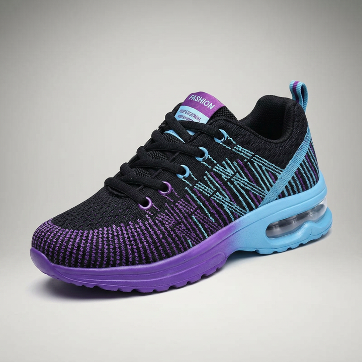 Damen Sneaker Schwarz-Lila mit Blau-Akzenten, Air-Cushion-Sohle, Dreiviertelansicht