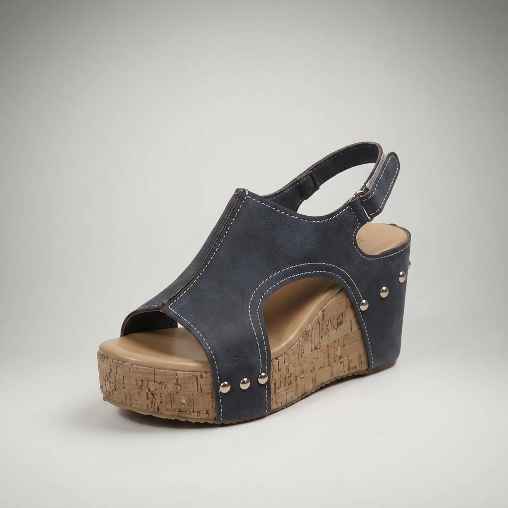 Anthrazitfarbene Keilsandalette mit Kork-Plateau, Dreiviertelansicht