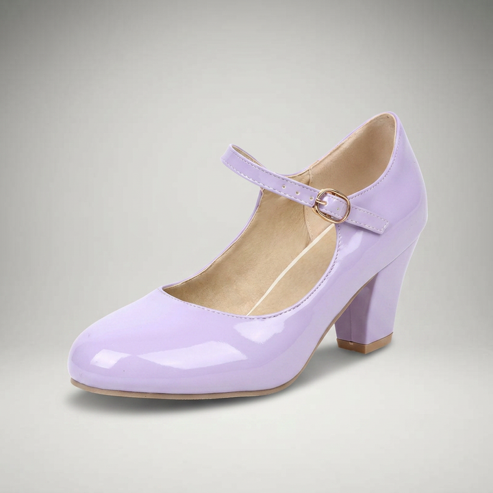 Fliederfarbene Mary Jane Pumps mit Blockabsatz und Schnallenriemen, Dreiviertelansicht
