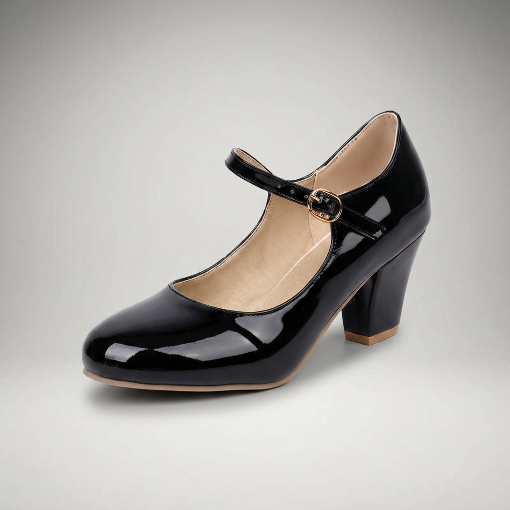 Schwarze Mary Jane Pumps mit Blockabsatz und Schnallenriemen, Dreiviertelansicht