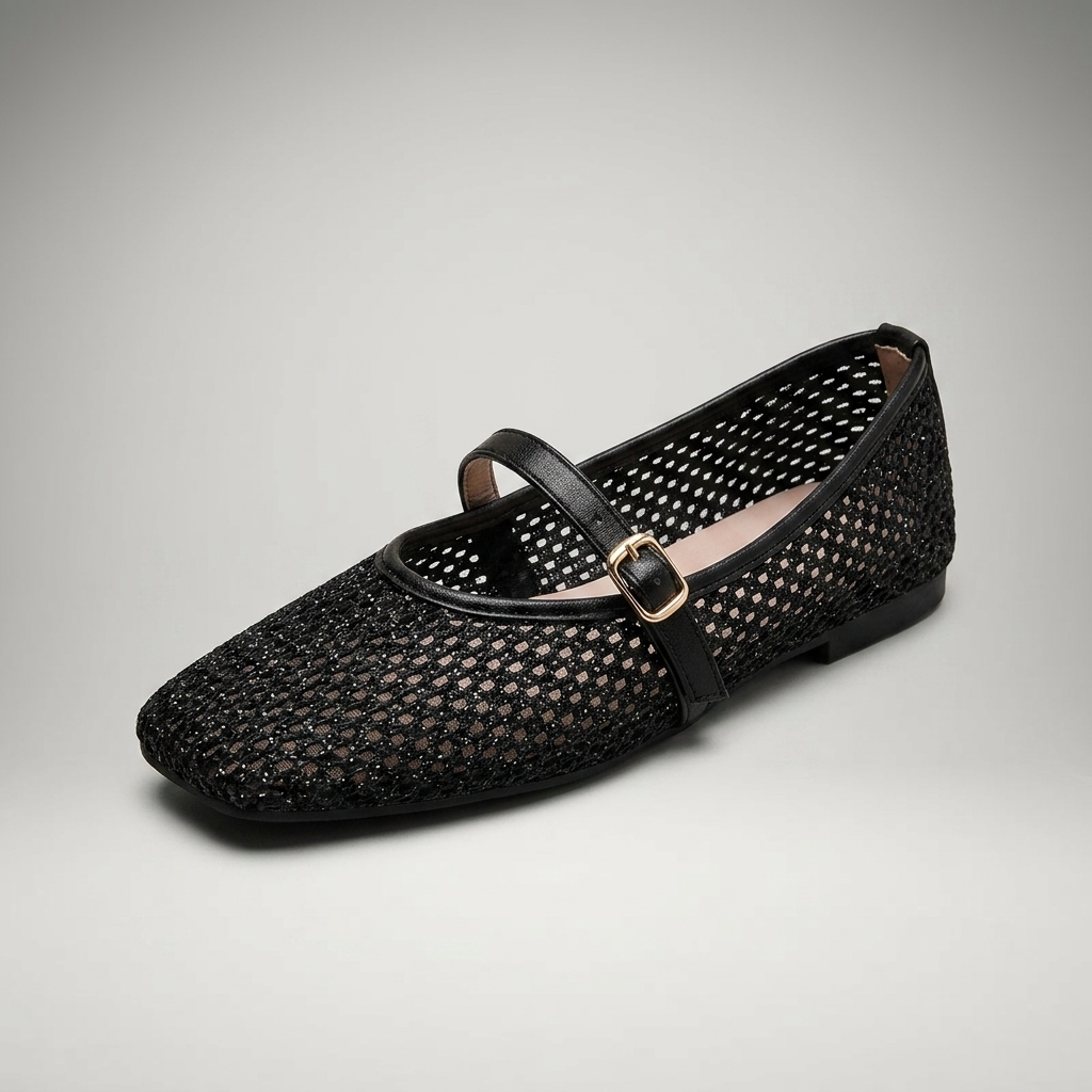 Schwarz — Mary Jane Flat, Mesh-Cutout, 3/4-Ansicht vorne