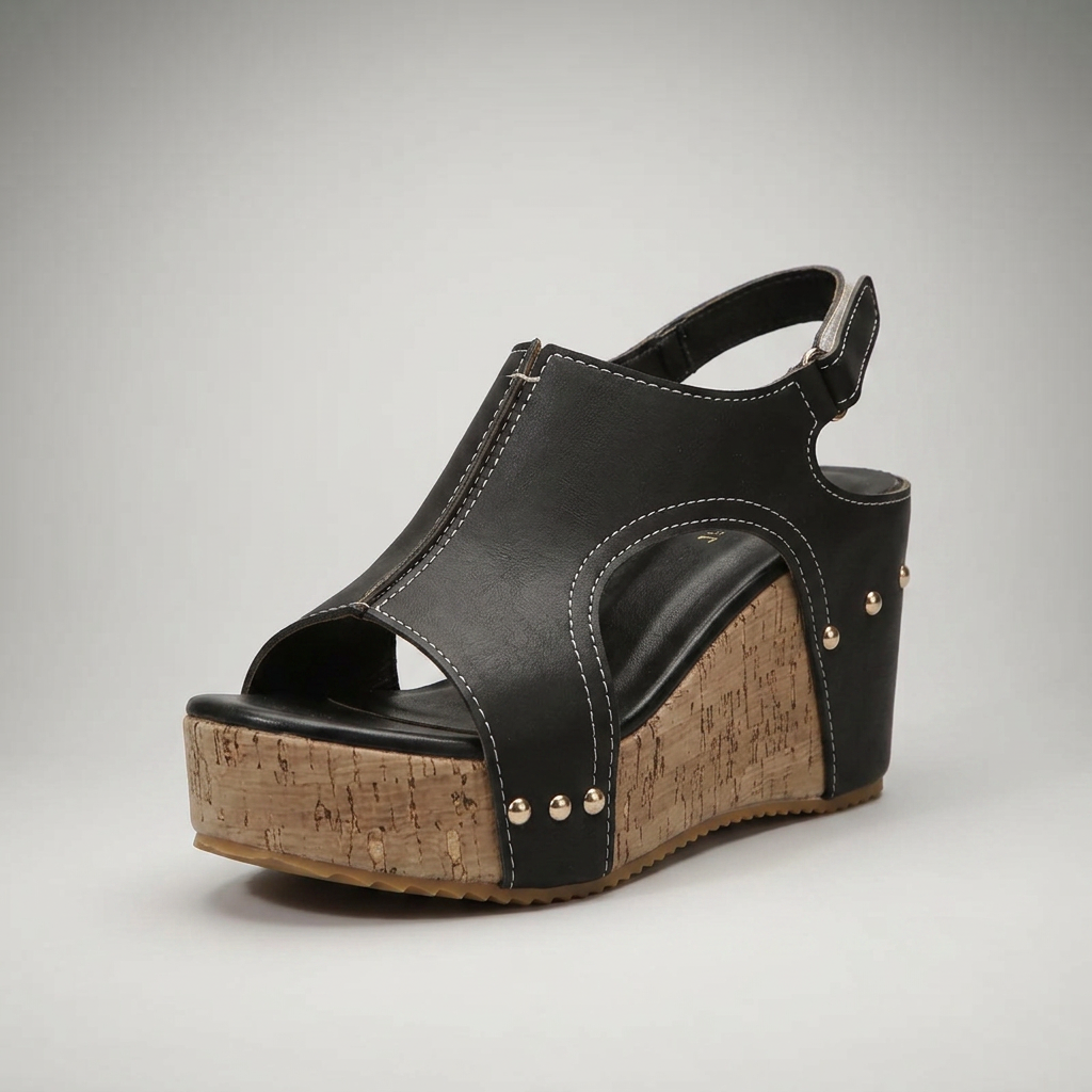 Schwarze Keilsandalette mit Kork-Plateau und goldenen Nieten, Dreiviertelansicht