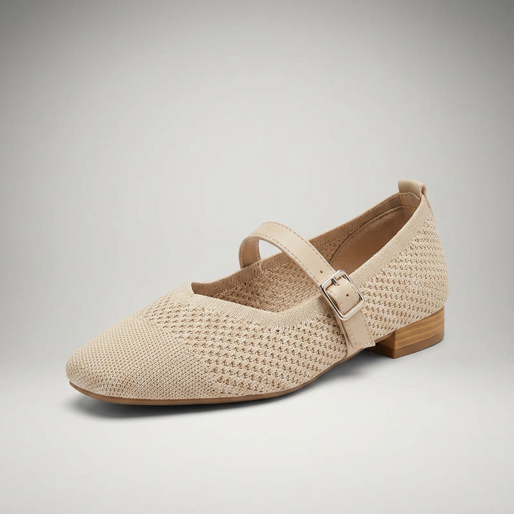 Beige Mary-Jane-Ballerina aus Strickmesh mit Schnalle, Ansicht schräg von vorne