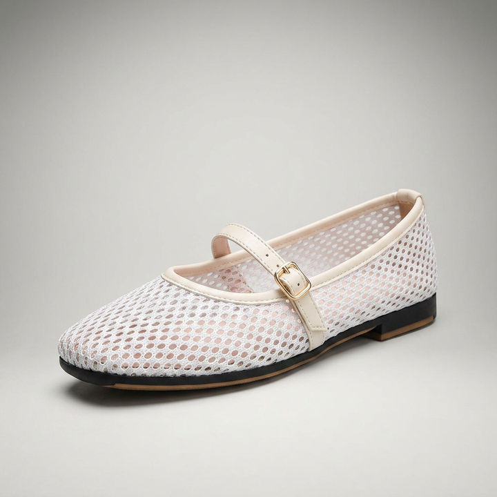 Weiß — Mary Jane Flat, Mesh-Cutout, 3/4-Ansicht vorne