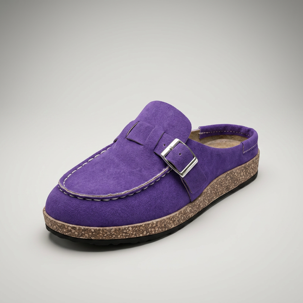 Lila Sandale-Mule mit Schnalle und Kork-Sohle, 3/4-Ansicht