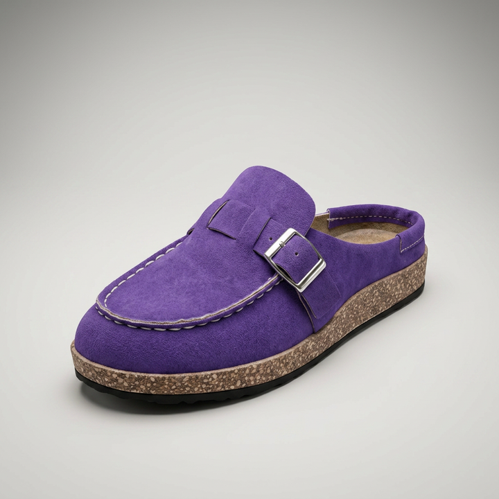 Lila Sandale-Mule mit Schnalle und Kork-Sohle, 3/4-Ansicht