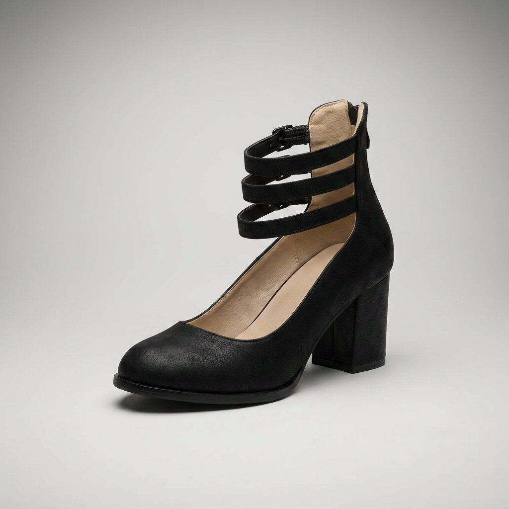 Schwarze Pumps mit dreifachem Schnallenriemen, Dreiviertelansicht