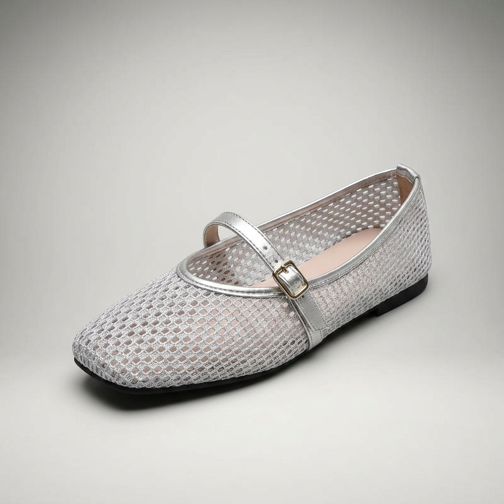 Silber — Mary Jane Flat, Mesh-Cutout, 3/4-Ansicht vorne