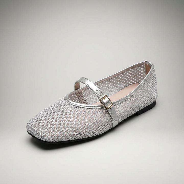 Silber — Mary Jane Flat, Mesh-Cutout, 3/4-Ansicht vorne