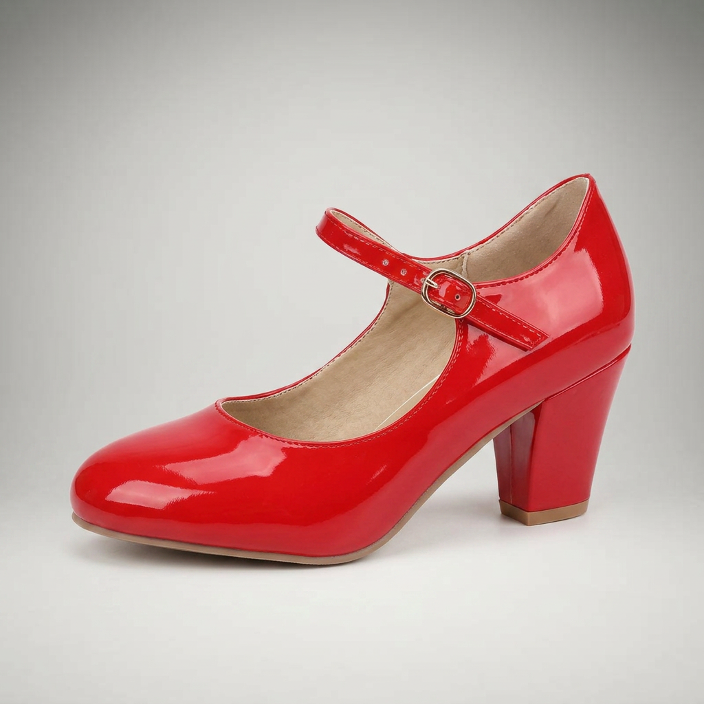 Rote Mary Jane Pumps mit Blockabsatz und Schnallenriemen, Dreiviertelansicht