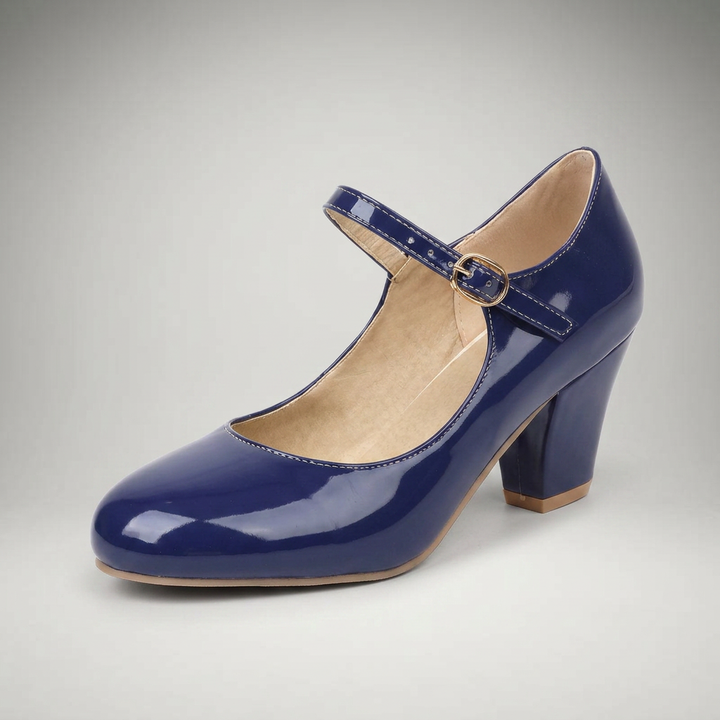 Dunkelblaue Mary Jane Pumps mit Blockabsatz und Schnallenriemen, Dreiviertelansicht