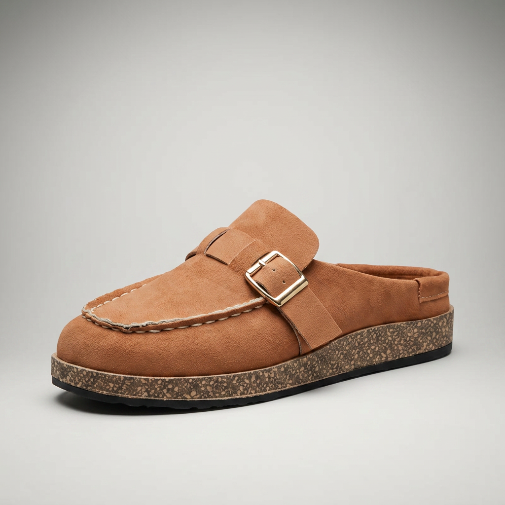 Braune Sandale-Mule mit goldener Schnalle, 3/4-Ansicht