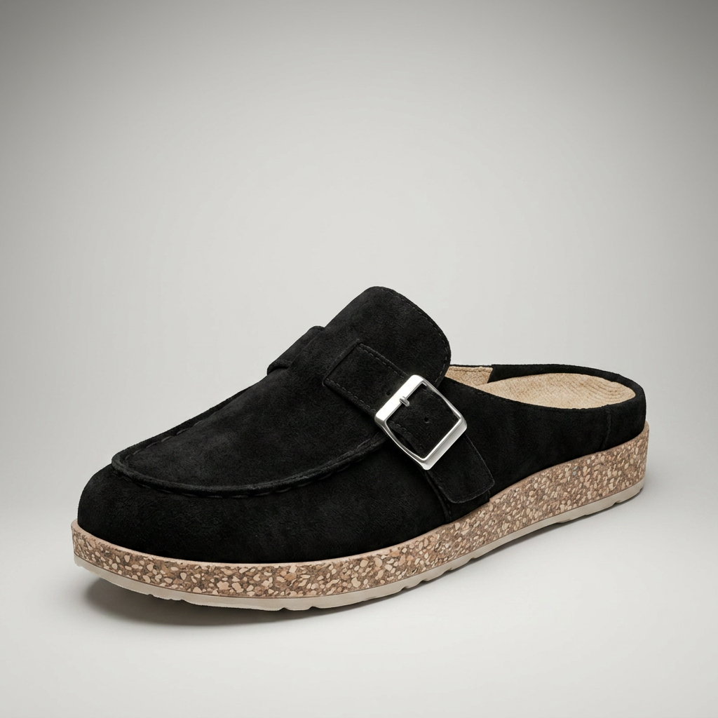 Schwarze Sandale-Mule mit Schnalle, 3/4-Ansicht
