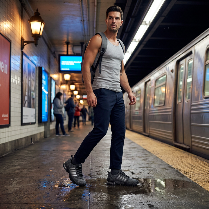 Grauer Sneaker mit Rucksack in der U-Bahn-Station, Lifestyle-Aufnahme