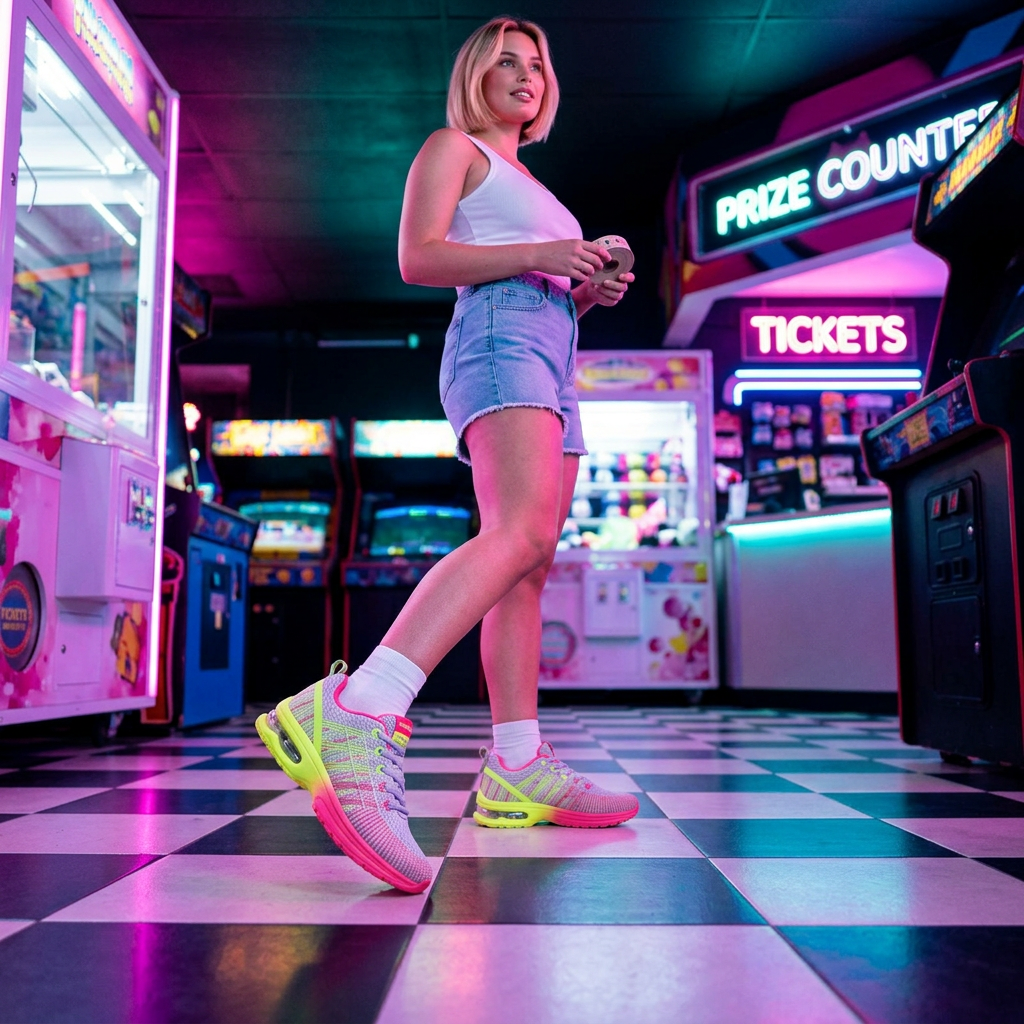 Frau trägt Sneaker Grau-Rosa in bunt beleuchteter Spielhalle