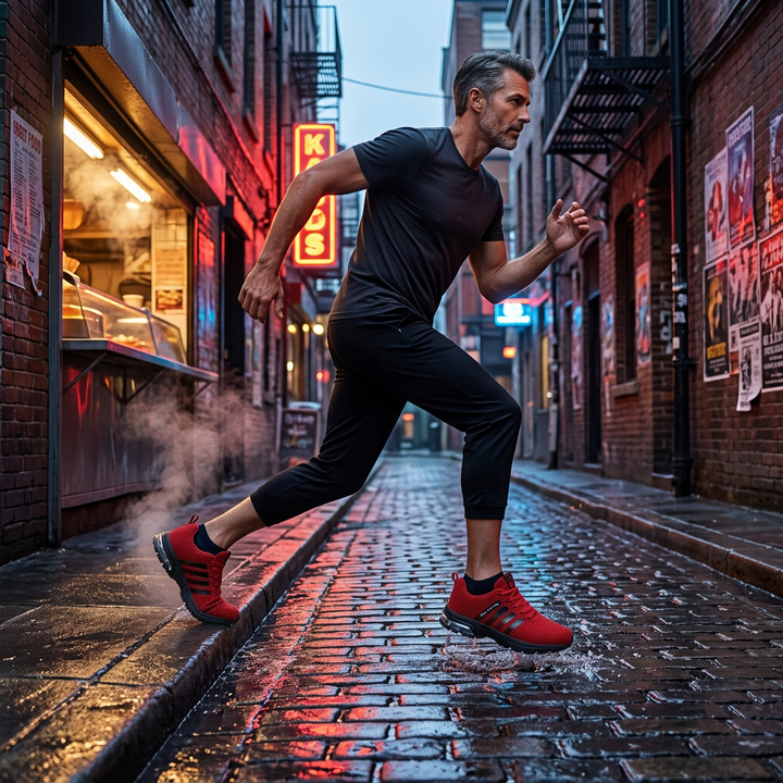 Roter Sneaker beim Laufen in urbaner Umgebung, Lifestyle-Aufnahme