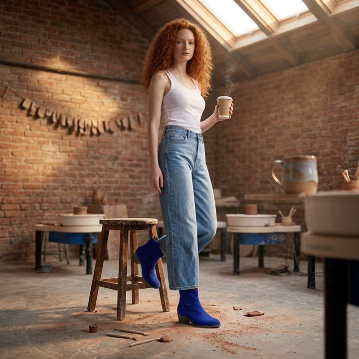 Stiefelette Kobaltblau im Loft-Streetstyle mit Jeans kombiniert