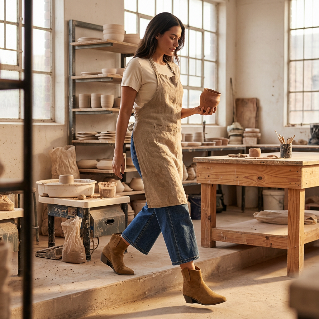 Stiefelette Braun im Streetstyle mit weiter Jeans kombiniert
