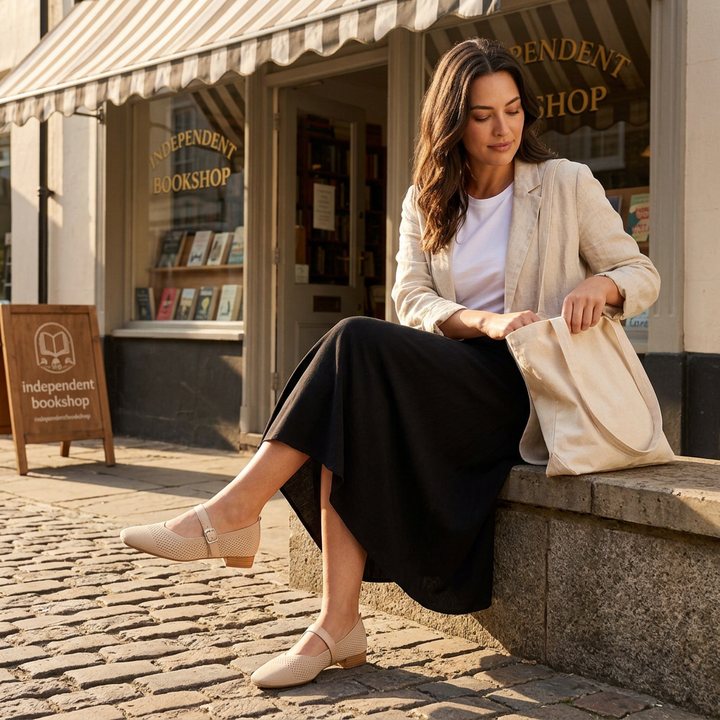 Frau trägt beige Mary-Jane-Ballerinas vor Buchladen, sitzend