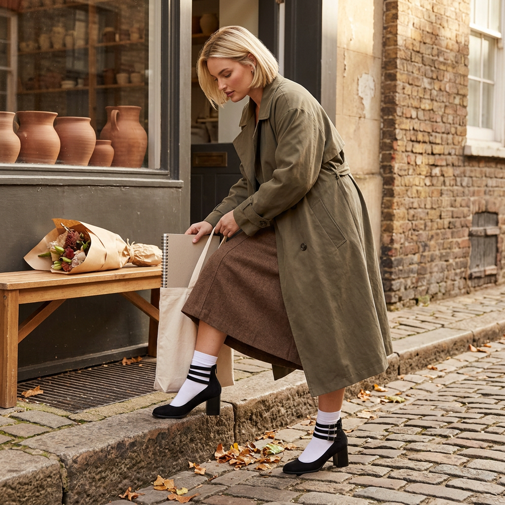 Model trägt schwarze Pumps mit Söckchen im Alltagslook