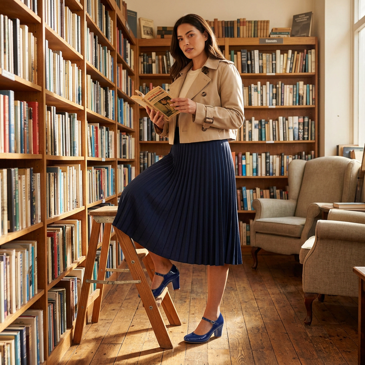 Dunkelblaue Mary Jane Pumps im Bibliotheks-Look zu Plisseerock, Lifestyle-Aufnahme