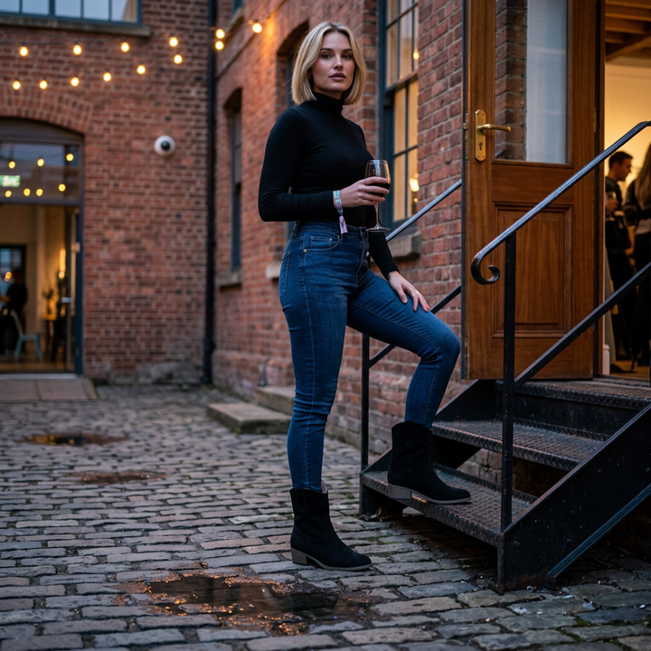 Stiefelette Schwarz im Abend-Streetstyle mit Jeans kombiniert